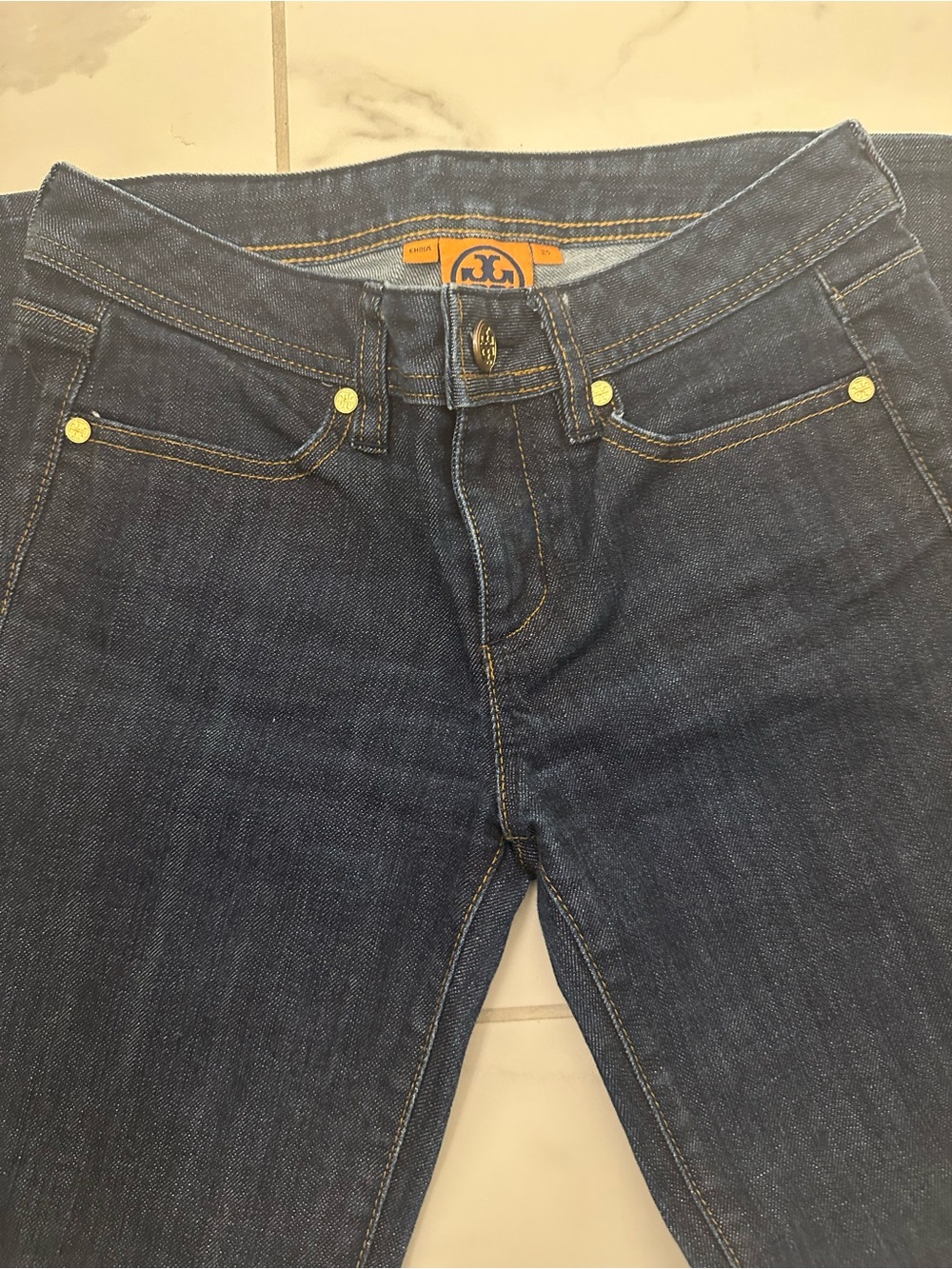 Tory Burch Dark Blue Skinny Jeans with Gold Rivets